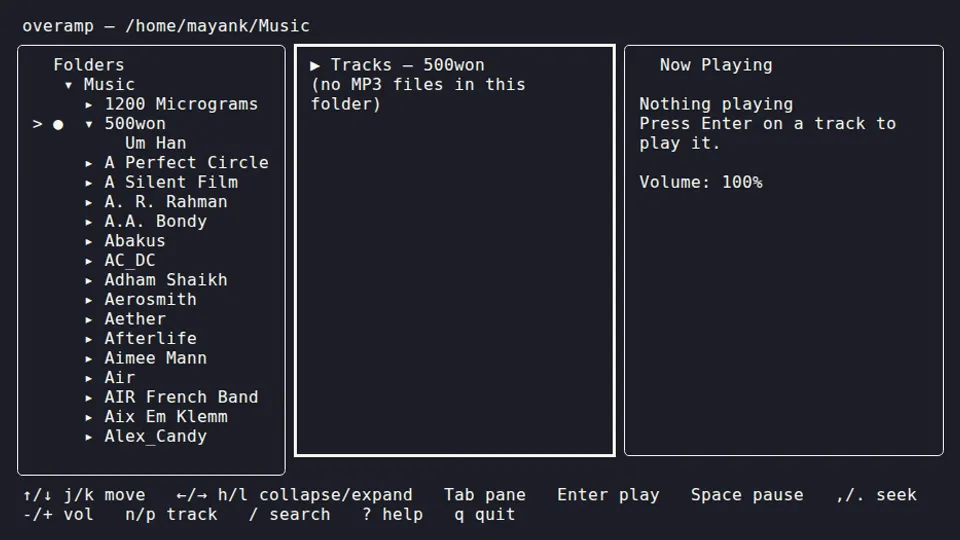 Terminal TUI with three panes: a folder tree, an MP3 track list, and a Now Playing pane with a progress bar.