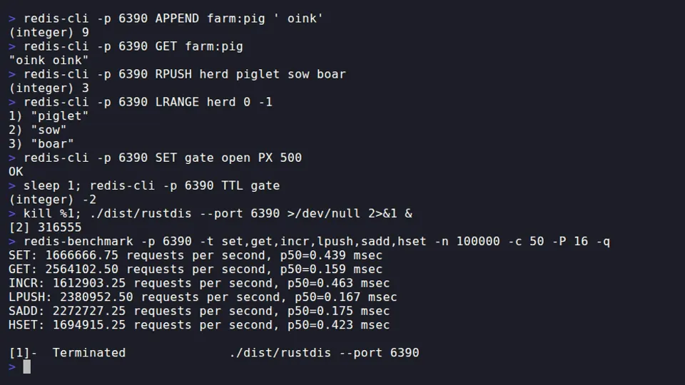 Terminal with a rustdis server session: redis-cli replies followed by redis-benchmark requests-per-second results.