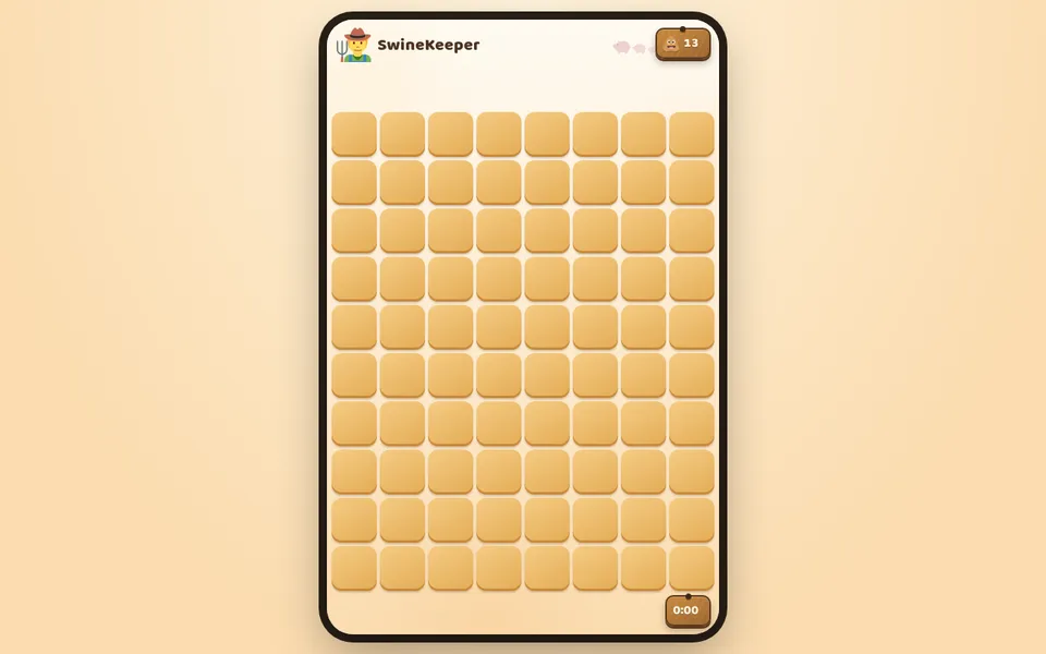 SwineKeeper browser game with a farmer mascot banner, a tile grid, score, and timer.